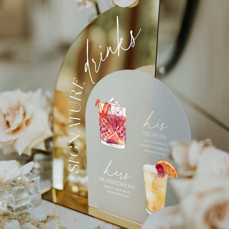 Cocktail Recipe Book - 골드 미러 웨딩 바 메뉴 사인,